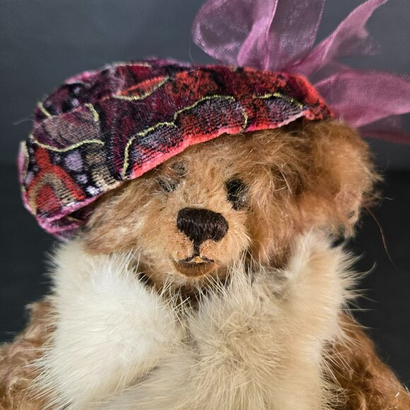 Sersha Jointed Teddy "Bonnie" Bear Serieta Harrell Mohair Fur Scarf Velvet Hat - Picture 2 of 13